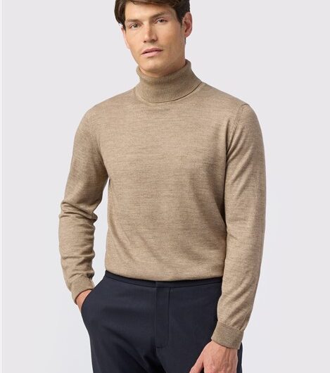 Melka Sand Merino Knit Roll Neck Jumper Beige