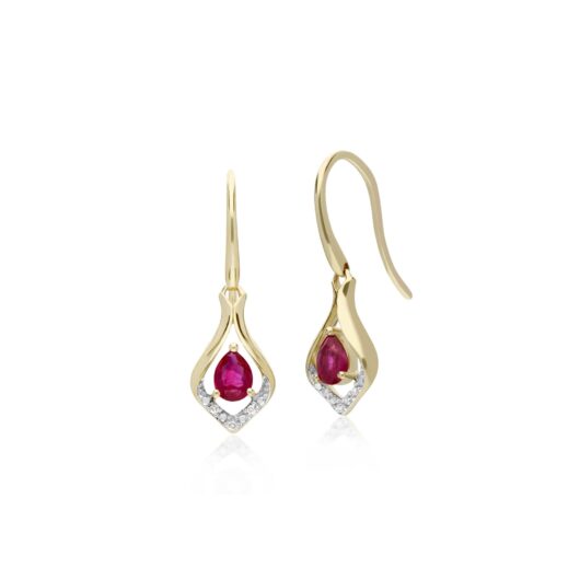 Classic Pear Ruby & Diamond Leaf Halo Drop Earrings in 9ct Yellow Gold