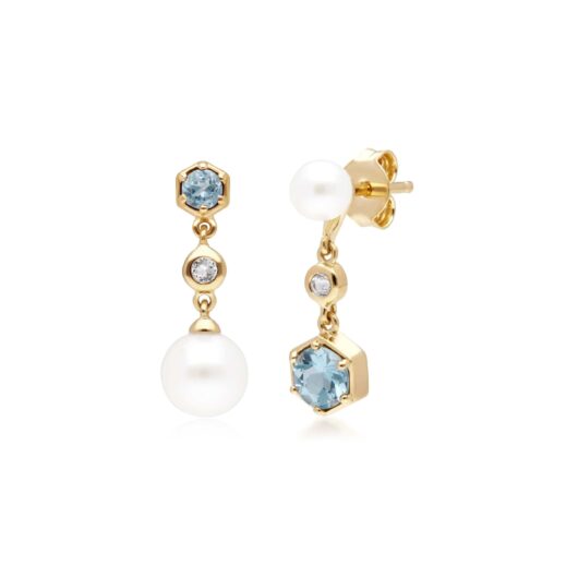 Modern Pearl, White & Blue Topaz Mismatched Drop Earrings in Gold Plated Silver